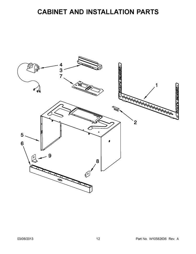 CABINET AND INSTALLATION PARTS Diagram and Parts List for WMH32517AS2  Whirlpool Microwave