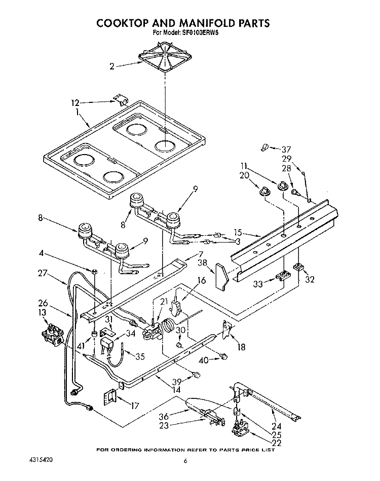 COOKTOP AND MANIFOLD, LIT/OPTIONAL Diagram and Parts List for SF0100ERW6  Whirlpool Range