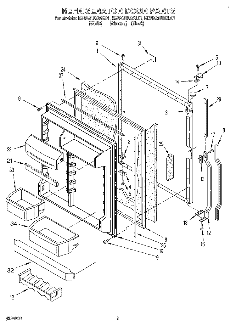 REFRIGERATOR DOOR Diagram and Parts List for KBRS21KDWH01  KitchenAid Refrigerator