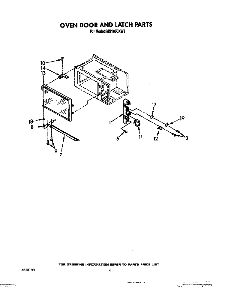 OVEN DOOR AND LATCH Diagram and Parts List for MS1650XW1  Whirlpool Microwave