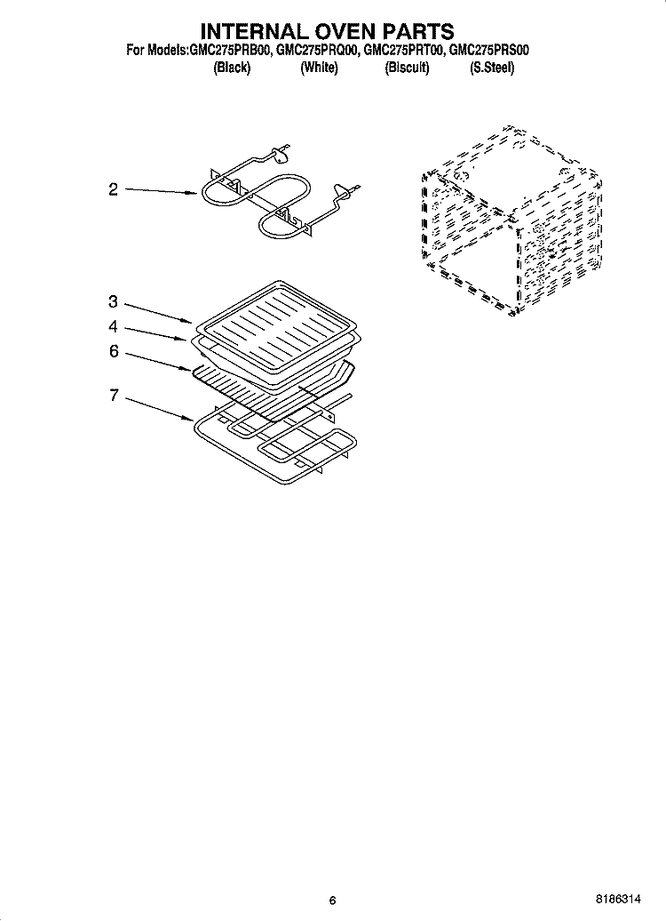 INTERNAL OVEN PARTS Diagram and Parts List for GMC275PRB00  Whirlpool Microwave Oven Combo