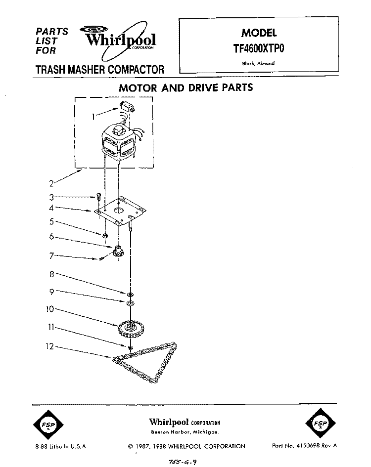 MOTOR AND DRIVE , LIT/OPTIONAL Diagram and Parts List for TF4600XTP0  Whirlpool Trash Compactor