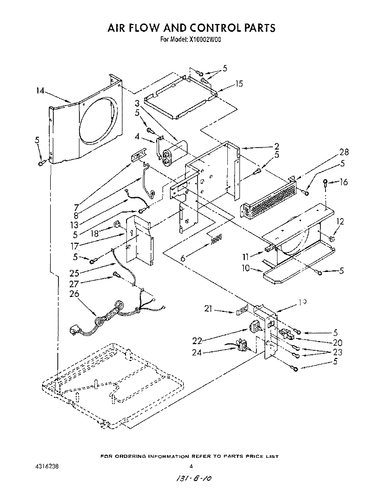 AIRFLOW AND CONTROL Diagram and Parts List for X10002W00  Roper Air Conditioner