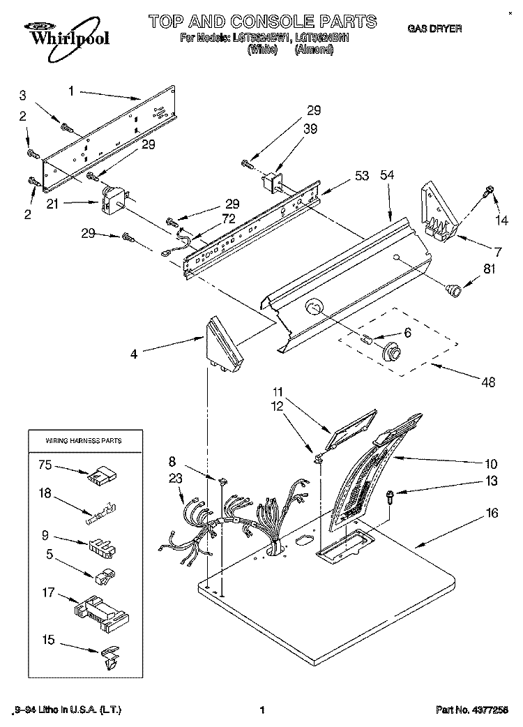 TOP AND CONSOLE, LIT/OPTIONAL Diagram and Parts List for LGT5624BN1  Whirlpool Dryer