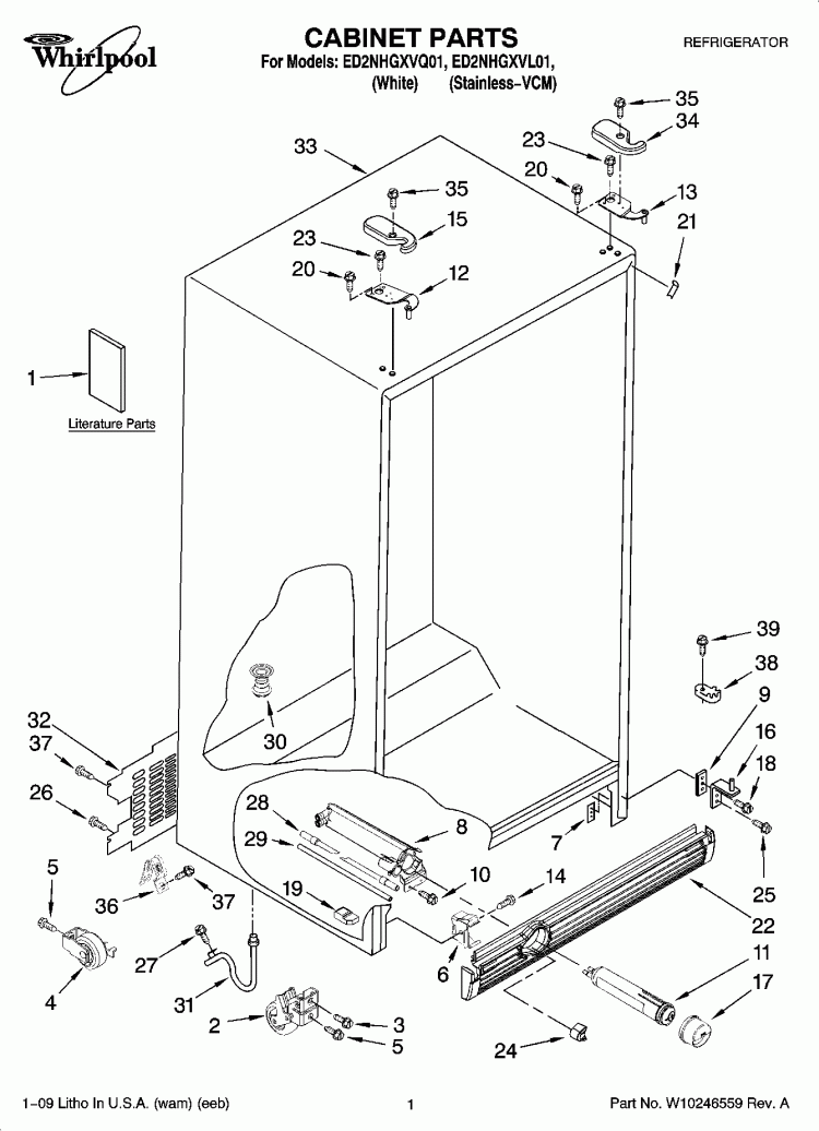 CABINET PARTS Diagram and Parts List for ED2NHGXVL01  Whirlpool Refrigerator