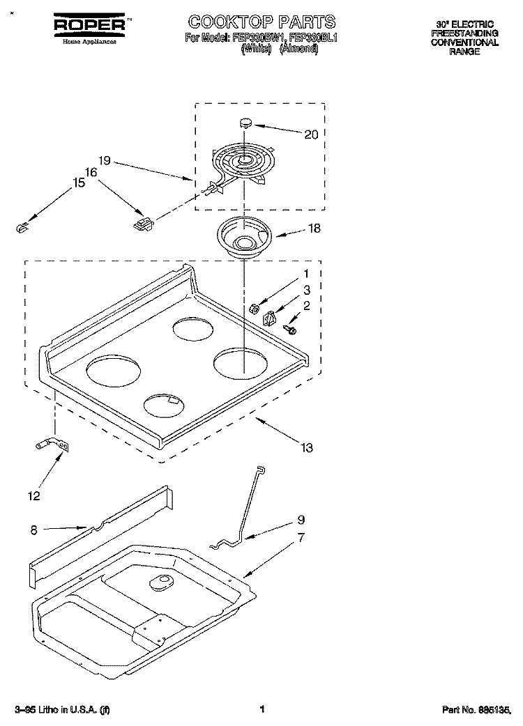 COOKTOP Diagram and Parts List for FEP330BW1  Roper Range