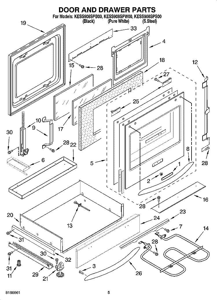 DOOR AND DRAWER PARTS Diagram and Parts List for KESS908SPW00  KitchenAid Range