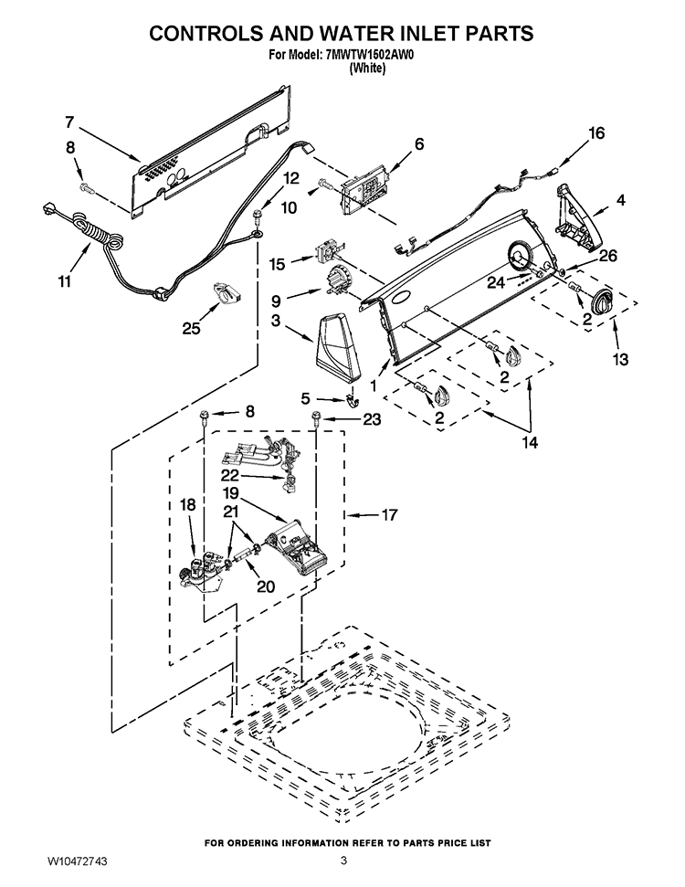 CONTROLS AND WATER INLET PARTS Diagram and Parts List for 7MWTW1502AW0  Whirlpool Washer