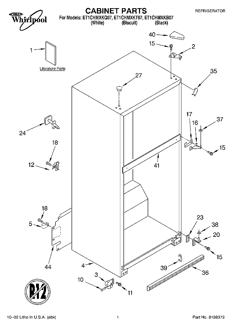 CABINET, LITERATURE Diagram and Parts List for ET1CHMXKT07  Whirlpool Refrigerator