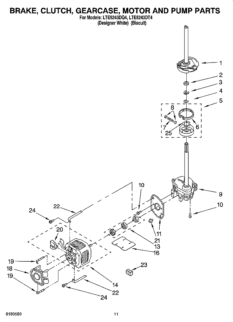 BRAKE, CLUTCH, GEARCASE, MOTOR AND PUMP PARTS Diagram and Parts List for LTE5243DQ4  Whirlpool Washer Dryer Combo