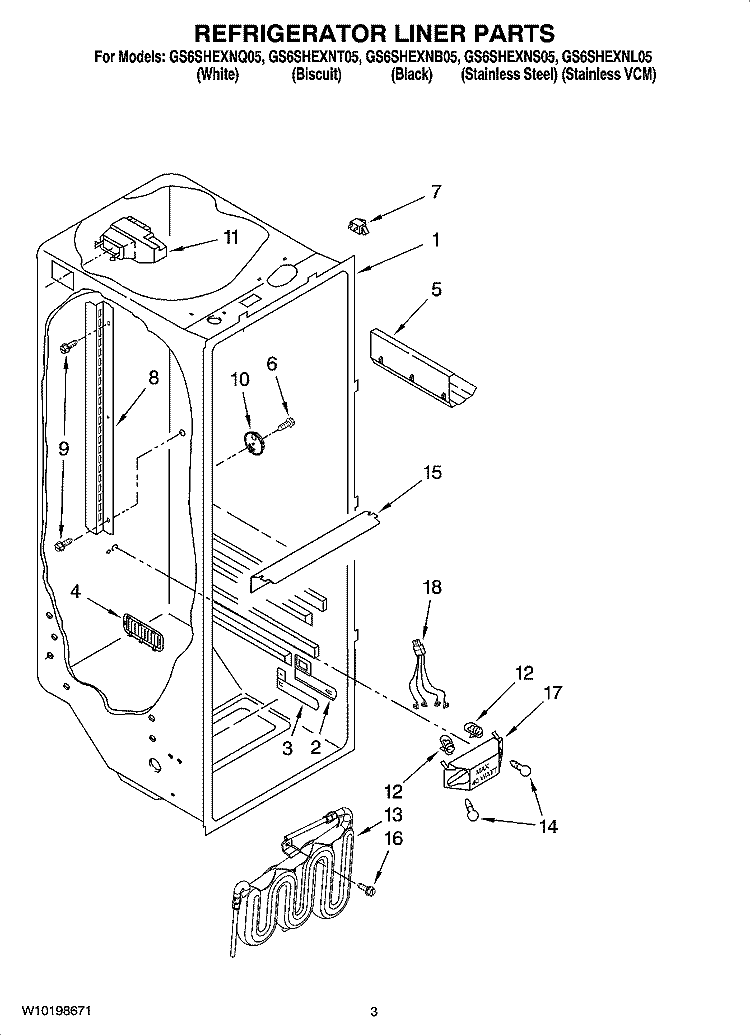 REFRIGERATOR LINER PARTS Diagram and Parts List for GS6SHEXNB05  Whirlpool Refrigerator
