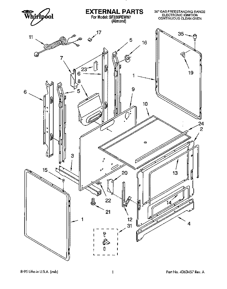 EXTERNAL Diagram and Parts List for SF330PEWN7  Whirlpool Range