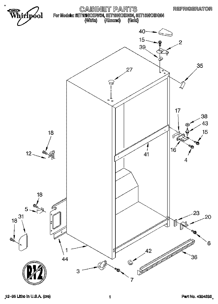 CABINET Diagram and Parts List for 8ET18NKXDW04  Whirlpool Refrigerator