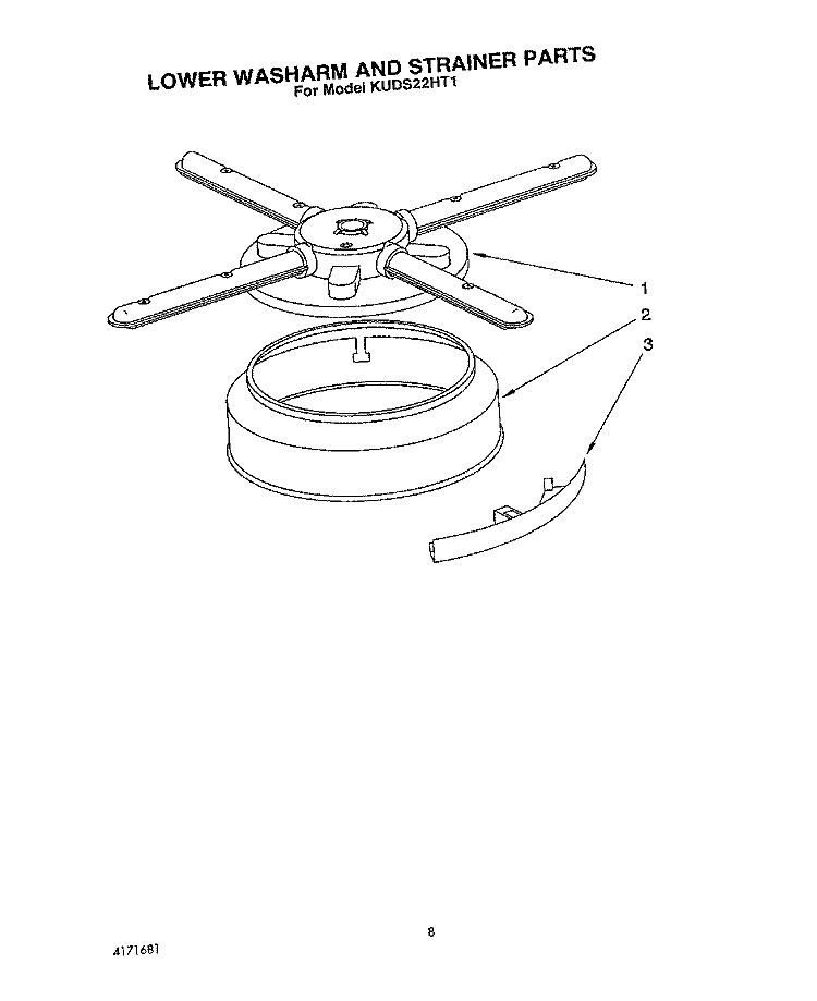 LOWER WASHARM AND STRAINER Diagram and Parts List for KUDS22HT1  KitchenAid Dishwasher