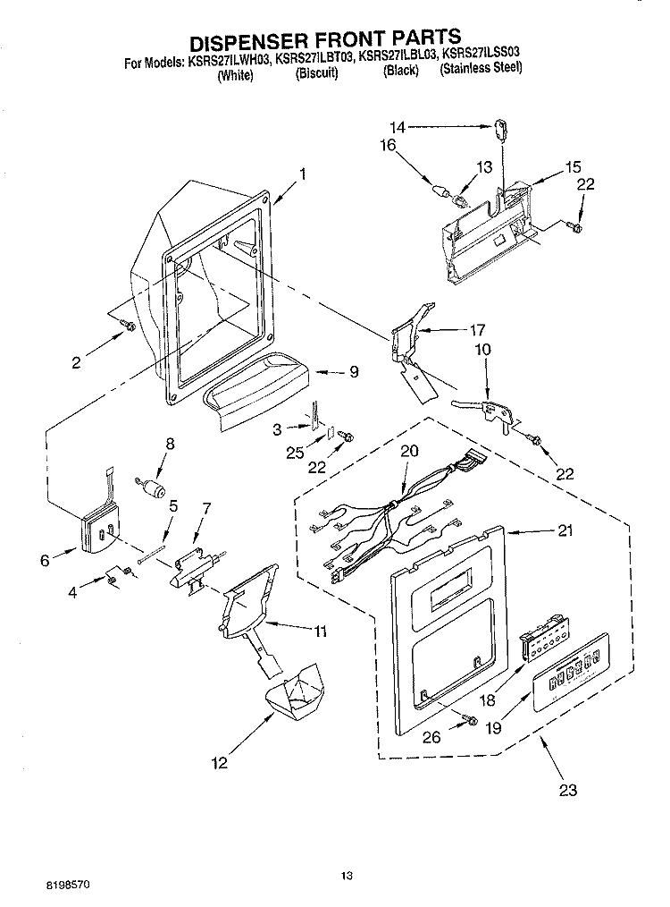 DISPENSER FRONT PARTS Diagram and Parts List for KSRS27ILSS03  KitchenAid Refrigerator
