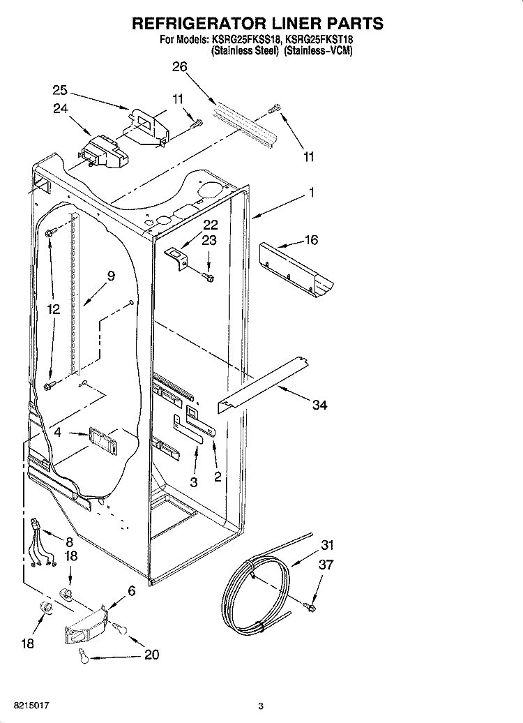 REFRIGERATOR LINER PARTS Diagram and Parts List for KSRG25FKST18  KitchenAid Refrigerator