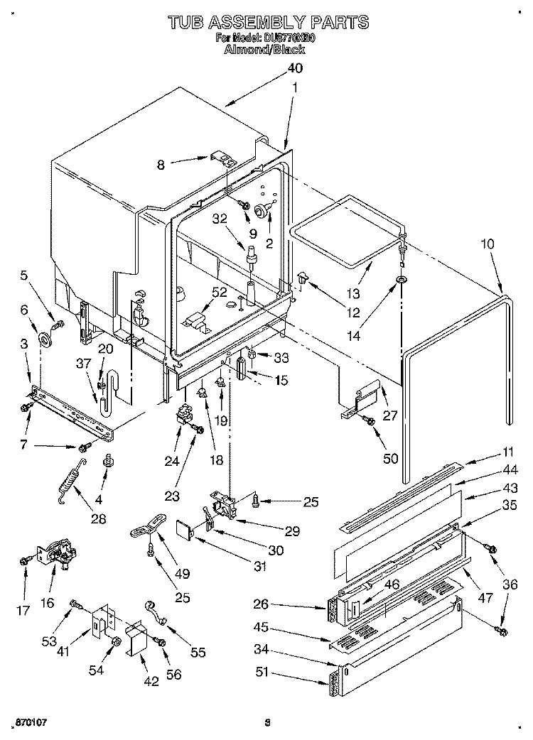 TUB ASSEMBLY Diagram and Parts List for DU8770XB0  Whirlpool Dishwasher