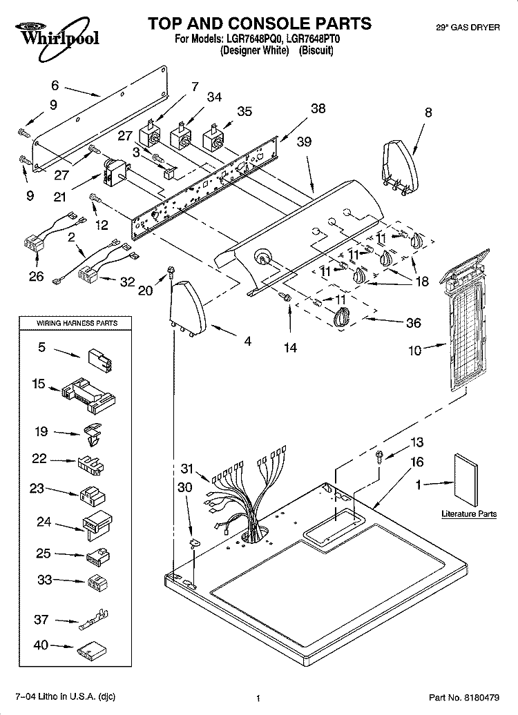 TOP AND CONSOLE PARTS Diagram and Parts List for LGR7648PT0  Whirlpool Dryer