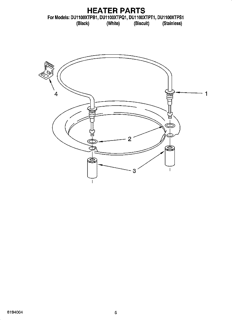 HEATER PARTS Diagram and Parts List for DU1100XTPB1  Whirlpool Dishwasher