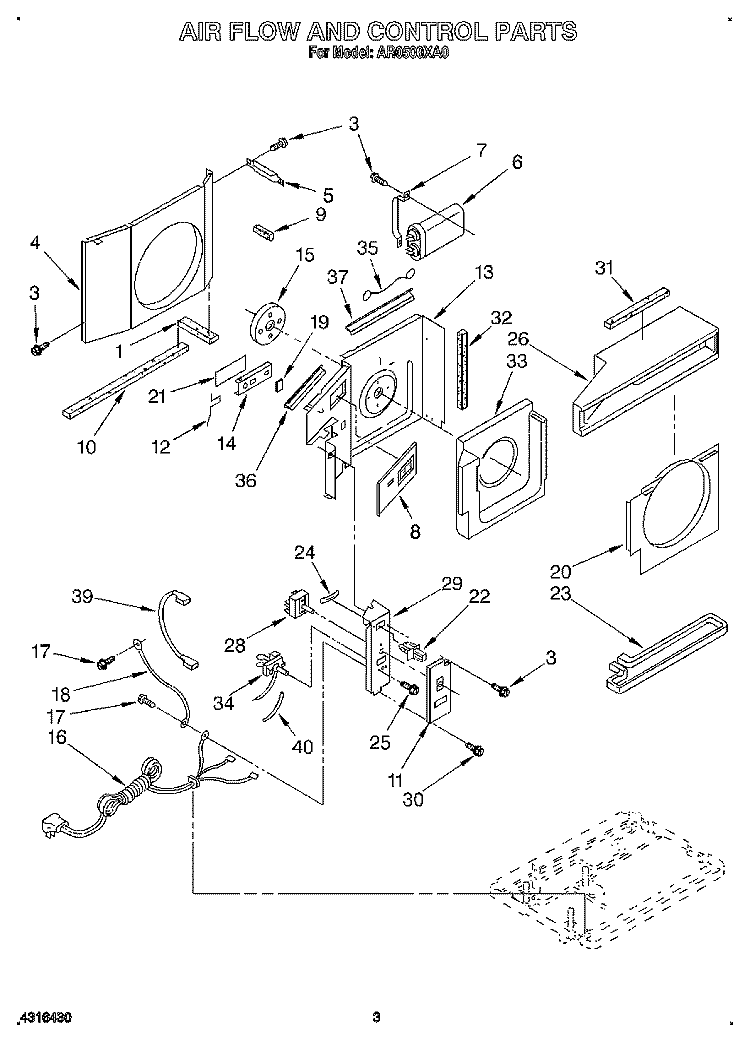 AIRFLOW AND CONTROL Diagram and Parts List for AR0500XA0  Whirlpool Air Conditioner