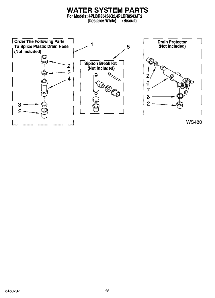 WATER SYSTEM PARTS, MISCELLANEOUS PARTS Diagram and Parts List for 4PLBR8543JT2  Whirlpool Washer
