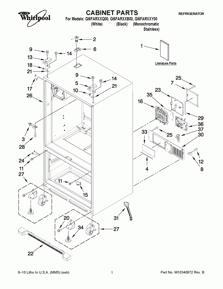 CABINET PARTS Diagram and Parts List for GI6FARXXB00  Whirlpool Refrigerator