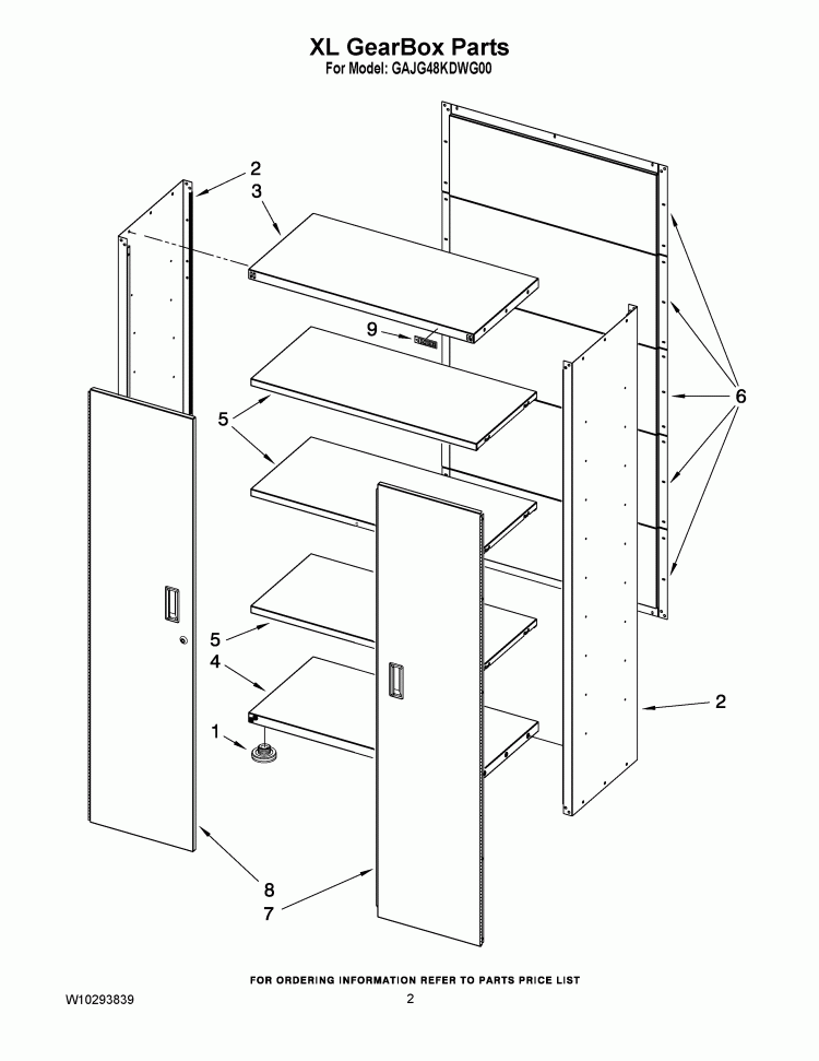 XL GEARBOX PARTS Diagram and Parts List for GAJG48KDWG00  Whirlpool Cabinet