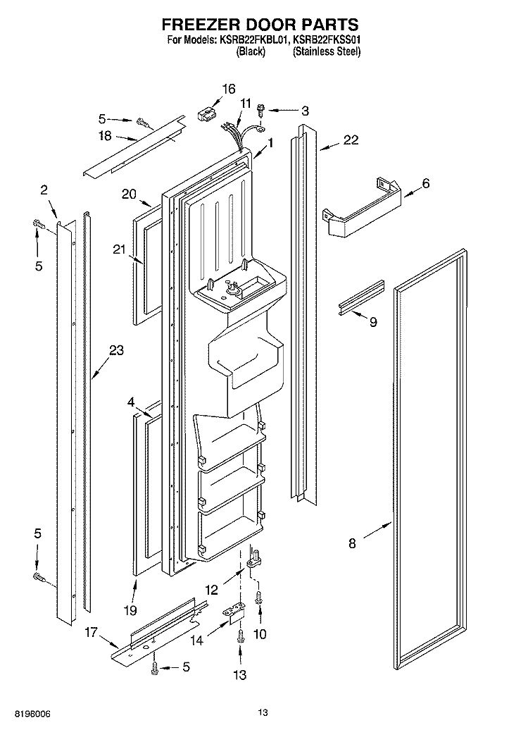 FREEZER DOOR Diagram and Parts List for KSRB22FKBL01  KitchenAid Refrigerator