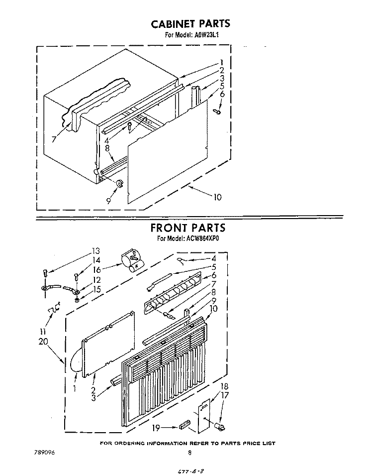 CABINET , FRONT Diagram and Parts List for ACW864XP0  Whirlpool Air Conditioner