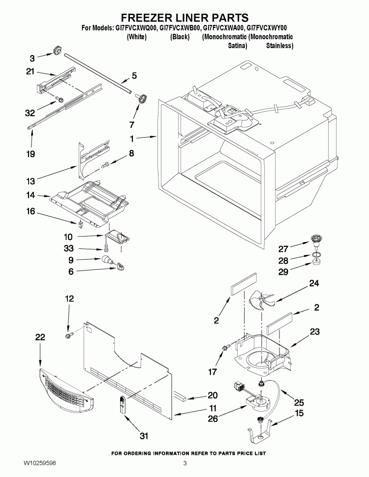FREEZER LINER PARTS Diagram and Parts List for GI7FVCXWQ00  Whirlpool Refrigerator