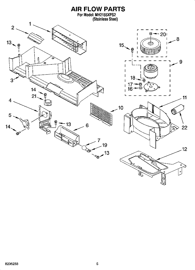 AIR FLOW PARTS Diagram and Parts List for MH2155XPS2  Whirlpool Microwave