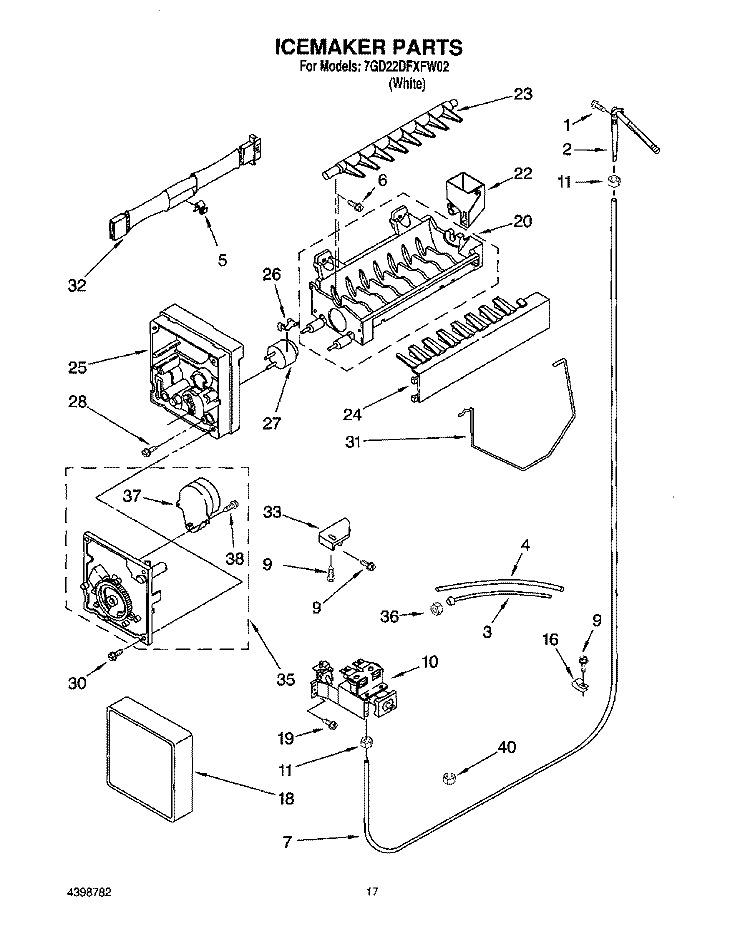 ICEMAKER Diagram and Parts List for 7GD22DFXFW02  Whirlpool Refrigerator