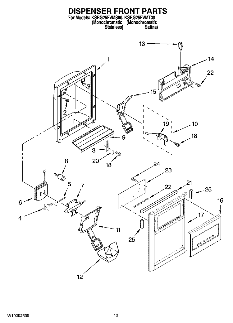 DISPENSER FRONT PARTS Diagram and Parts List for KSRG25FVMS00  KitchenAid Refrigerator