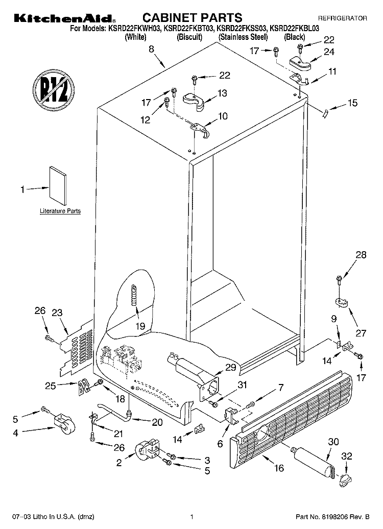 CABINET PARTS Diagram and Parts List for KSRD22FKBL03  KitchenAid Refrigerator
