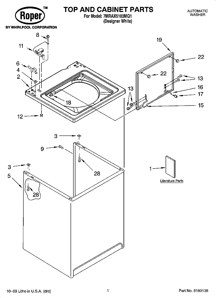 TOP AND CABINET PARTS Diagram and Parts List for 7MRAX5103MQ1  Roper Washer