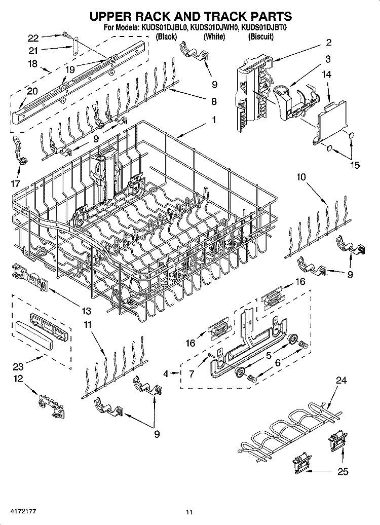 UPPER RACK AND TRACK PARTS Diagram and Parts List for KUDS01DJBL0  KitchenAid Dishwasher