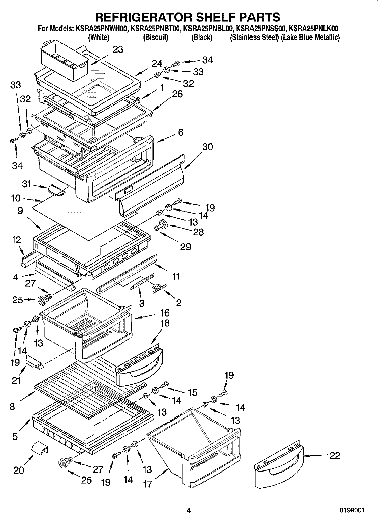 REFRIGERATOR SHELF PARTS Diagram and Parts List for KSRA25PNBT00  KitchenAid Refrigerator