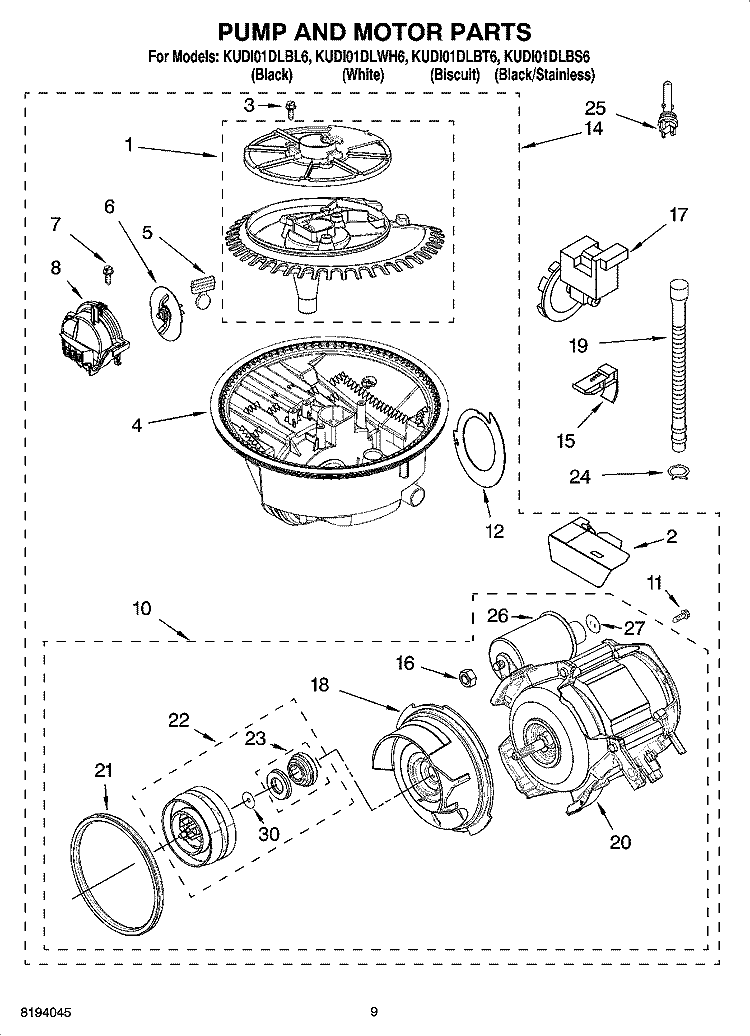 PUMP AND MOTOR PARTS Diagram and Parts List for KUDI01DLBS6  KitchenAid Dishwasher