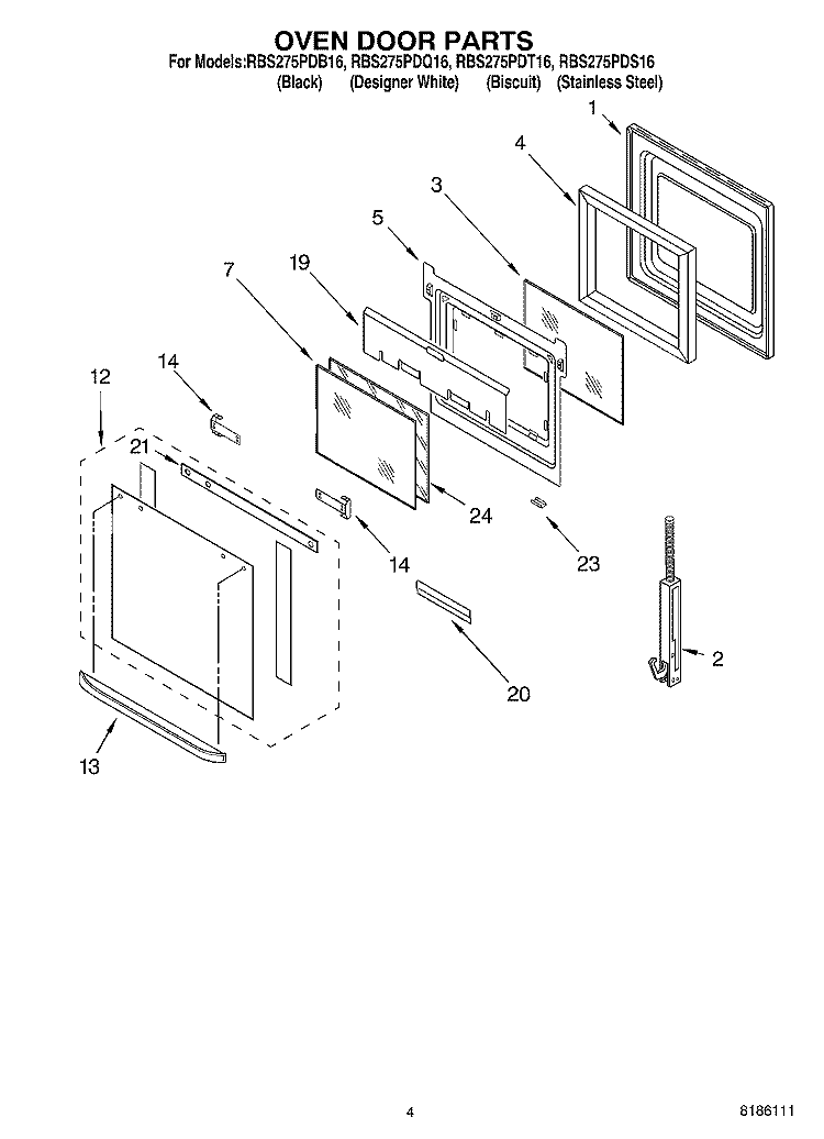 OVEN DOOR PARTS Diagram and Parts List for RBS275PDT16  Whirlpool Wall Oven