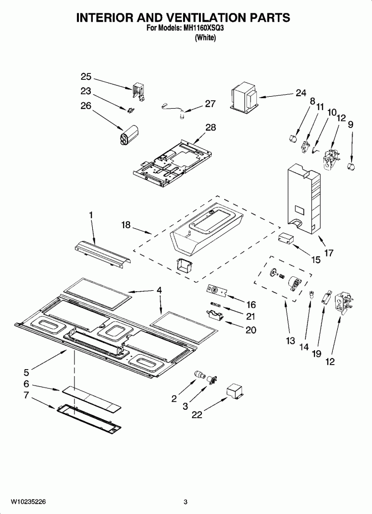INTERIOR AND VENTILATION PARTS Diagram and Parts List for MH1160XSQ3  Whirlpool Microwave