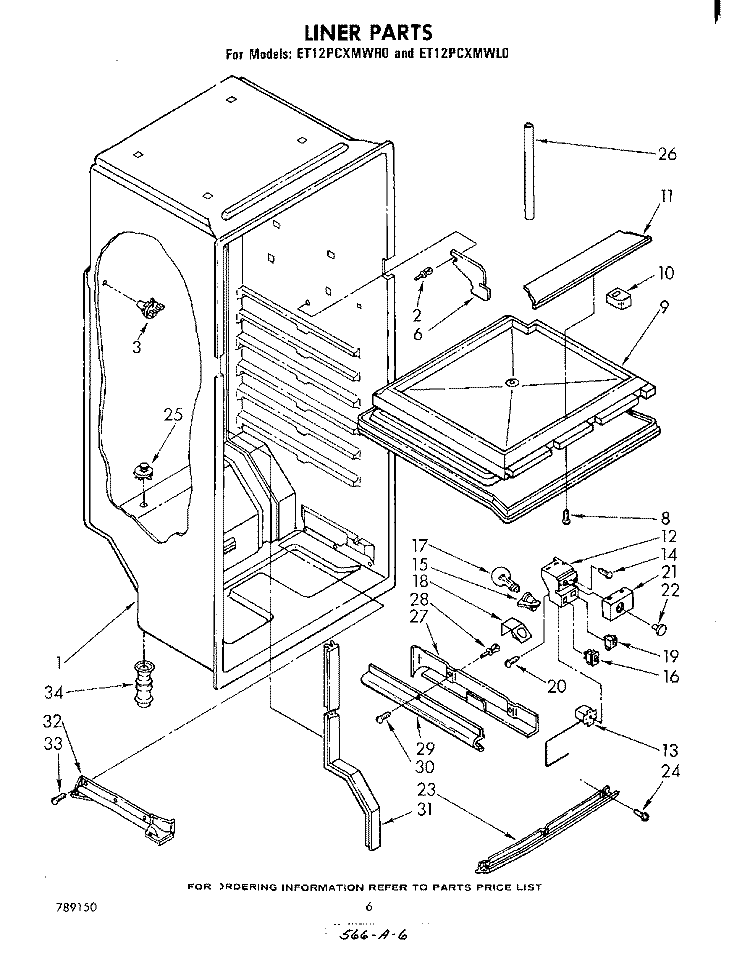 LINER Diagram and Parts List for ET12PCXMWR0  Whirlpool Refrigerator