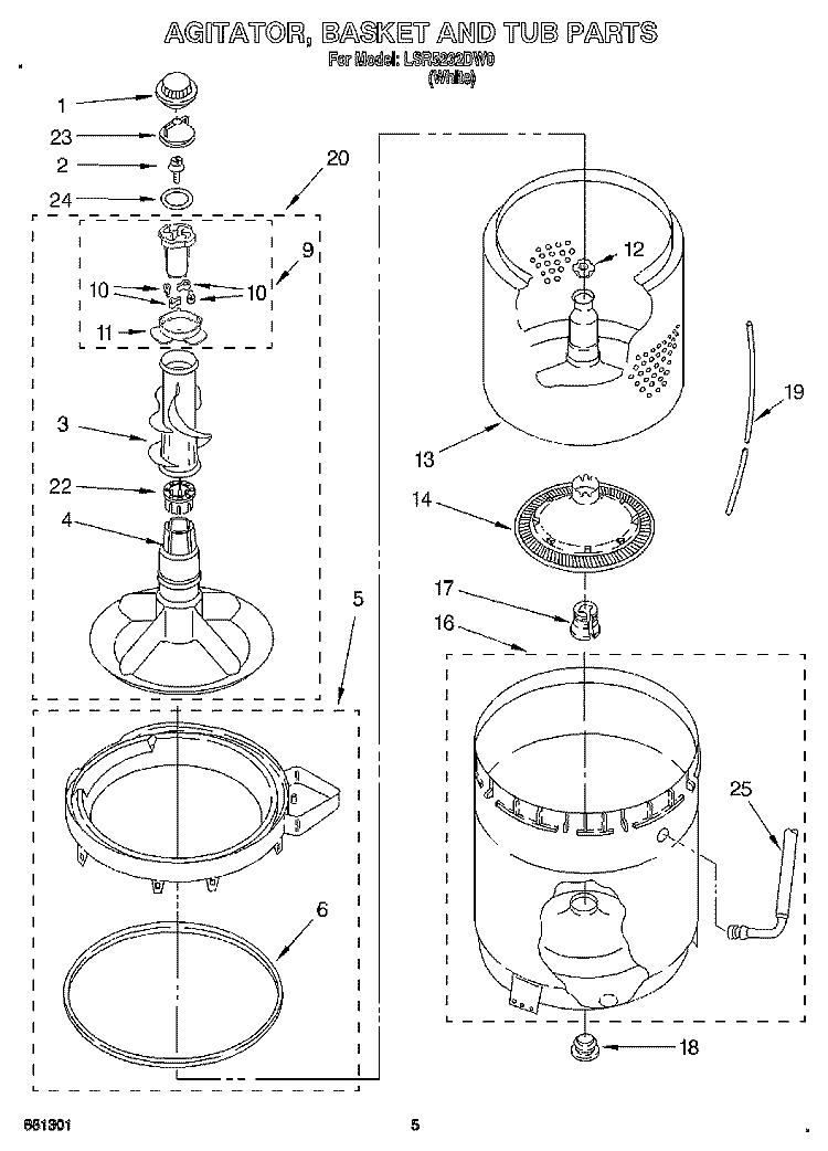 AGITATOR, BASKET AND TUB Diagram and Parts List for LSR5232DW0  Whirlpool Washer