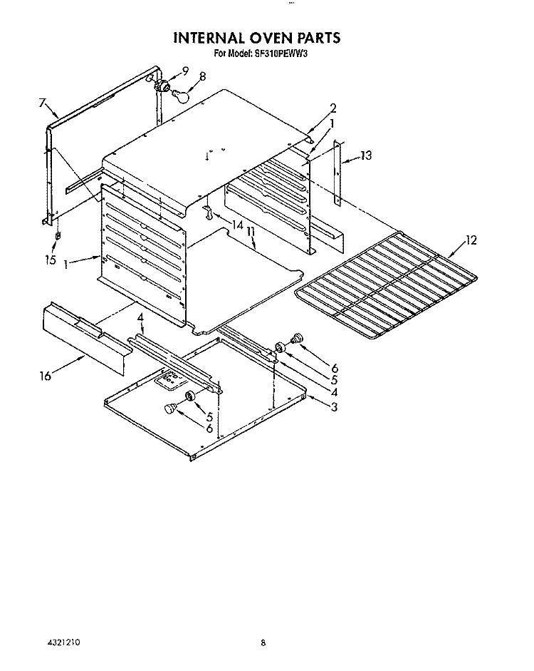 INTERNAL OVEN Diagram and Parts List for SF310PEWW3  Whirlpool Range