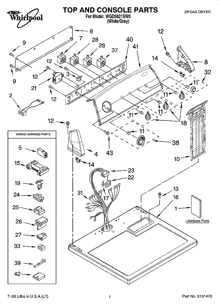 TOP AND CONSOLE PARTS Diagram and Parts List for WGD5821SW0  Whirlpool Dryer