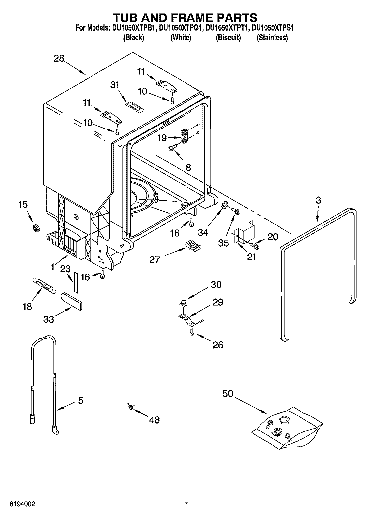 TUB AND FRAME PARTS Diagram and Parts List for DU1050XTPQ1  Whirlpool Dishwasher