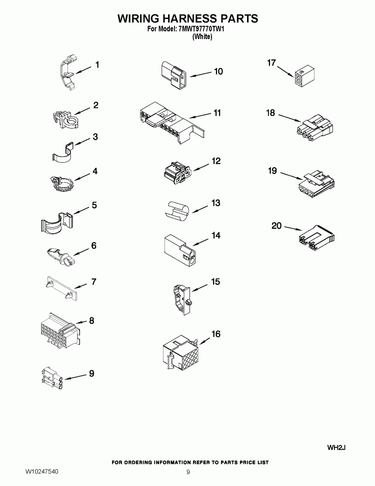 WIRING HARNESS PARTS Diagram and Parts List for 7MWT97770TW1  Whirlpool Washer