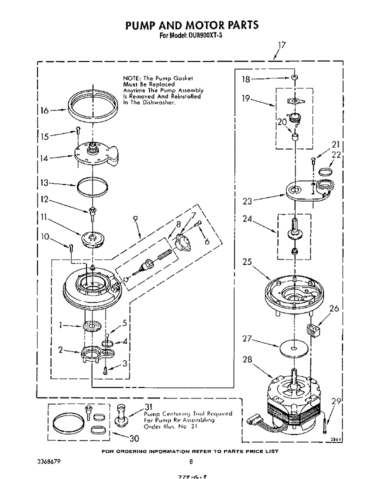 PUMP AND MOTOR Diagram and Parts List for DU8900XT3  Whirlpool Dishwasher