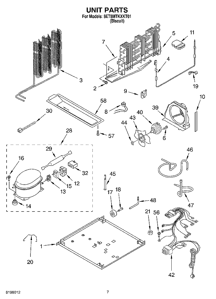 UNIT Diagram and Parts List for 8ET8MTKXKT01  Whirlpool Refrigerator