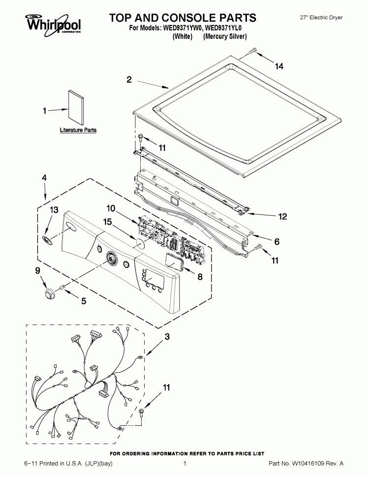 TOP AND CONSOLE PARTS Diagram and Parts List for WED9371YW0  Whirlpool Dryer