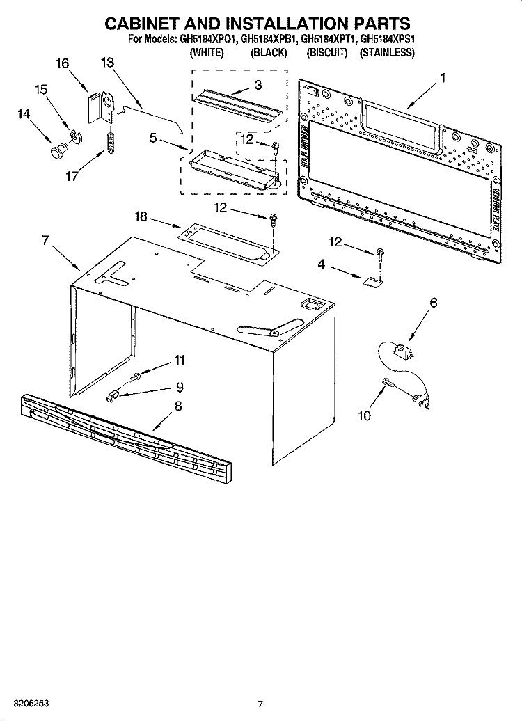 CABINET AND INSTALLATION PARTS Diagram and Parts List for GH5184XPB1  Whirlpool Microwave